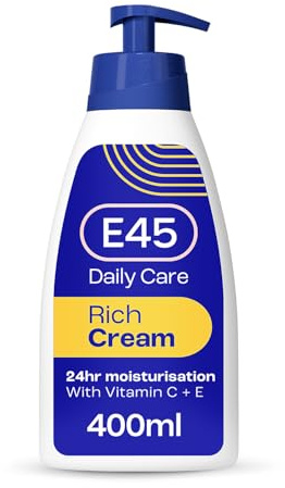 E45 Rich 24hr Moisturising Cream with Vitamin C & E – Fast Absorbing, Deep Hydration for Dry & Sensitive Skin, 400ml