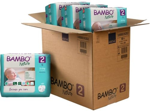 Bambo Nature Pannolini ecologici di alta qualità, sostenibili con etichetta ecologica, maggiore protezione dalle perdite, pannolini sicuri e confortevoli, pannolini taglia 2 (3-6 kg), mini, 30 pezzi