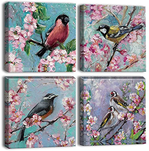 Artscope 4 Teilig Leinwandbilder mit Ölgemälde Blumen und Vögel Motiv Kunstdruck - Moderne Wandbild für Küche Badezimmer Wohnzimmer Wanddekoration - 30 x 30 cm