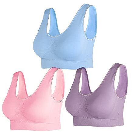 NAKQU Damen Sport BH Set Ohne Bügel Fitness Lauf Joggen Yoga Bustier Gepolsterter 3er Pack, Rosa, Blau, Lila, L