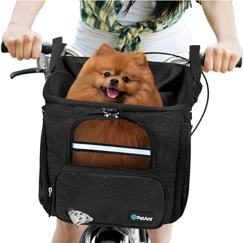PetAmi Bike Basket for Pets Vented Soft Sides Bicycle Handlebar Booster Seat with Safety Strap for Cats Small to Medium Dogs, Max 18 lbs, Black