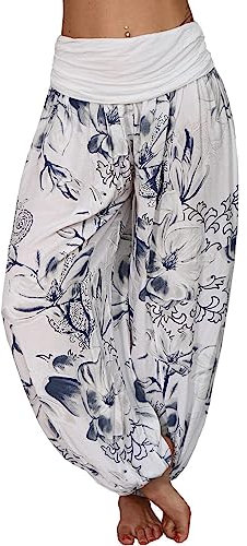 shownicer Damen Hosen Lang Bedrucken Pumphose Haremshose Sommerhose Yogahose Aladinhose Baggy Harem Atmungsaktive Freizeithose Yogahose Strandhose mit Taschen C Weiß M