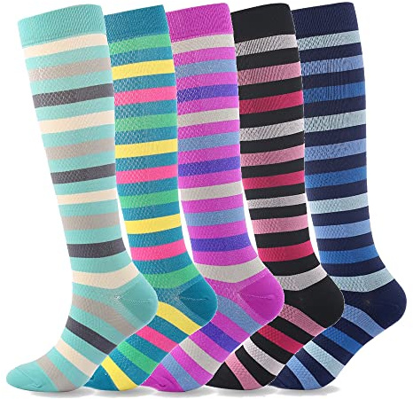 SSDH Calcetines de contención(5 pares) para mujer de 20 a 30 mmHg, Medias de contención, Calcetín de compresión para deporte, correr, ciclismo., rayas de color, S-M