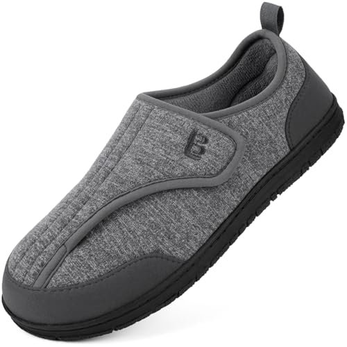 LongBay Men's Wide Fit Slippers Memory Foam House Shoes with Adjustable Hook-and-Loop Non Slip Indoor Outdoor Swollen Feet Slippers Grey 9