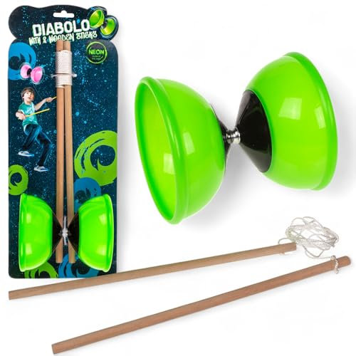 MIJOMA Diabolo Jonglierset – 2 Holzstäbe & weiches Kunststoffdiabolo – Kompaktes Outdoor Spiel für Kinder & Erwachsene – Perfekt für Koordination & Geschicklichkeit (Grün - Glow in The Dark)
