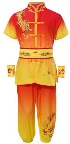 Sywiyi Kids Boy Girl Kung Fu Uniform Master Chinese Traditional Clothing Dragon Print Tops with Pants Belt Cuffs Sets Red&Yellow 5-6 Years
