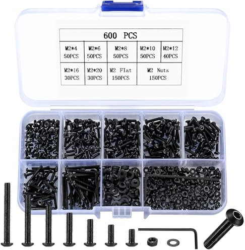 600 Pcs M2 Bolts Set, M2 Nuts and Bolts Set, Hex Socket Button Head Cap Screws Bolts and Nuts Set with Washers, Round Head Hex Head Machine Screws Bolts Assortment Kit, Black Bike Bolts, with Box