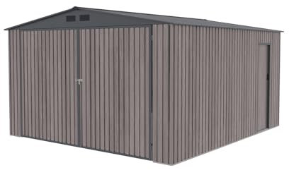 Gardiun Garage in Metallo Surrey 380x420x232 cm - 15,96 m2 Colore Marrone Effetto Legno | Doppia Porta a Battente, Porta Laterale e Prese d'Aria | Capacitá per 1 Auto