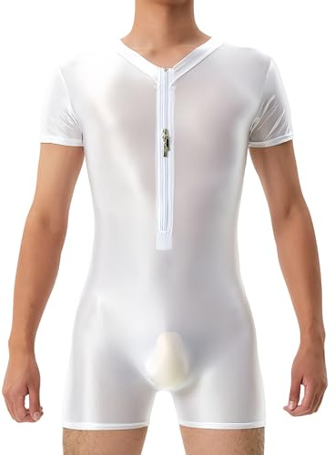 AIEOE Oljeglänsande bodysuit för män, hög elastisk bodysuit, oljeglänsande brottningssinglet, dragkedja fram, leotard, boxershorts, bas-jumpsuit, endelad bodysuit för myskläder, Vitt, M