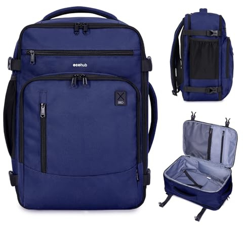ECOHUB for Ryanair Cabin Bags 40x20x25, Underseat Hand Luggage Backpack with Laptop Compartment, Recycled Travel Carry on Bag, Flight Rucksack with Anti-Theft Pocket, Patented, Blue-20L