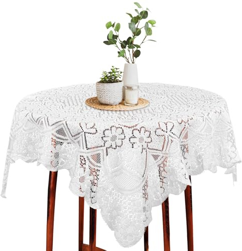 AOZUO Mantel cuadrado de encaje, 90 x 90 cm, mantel decorativo francés con patrón de flores en encaje, mantel pequeño, para comedor, cocina y camping, blanco (A)