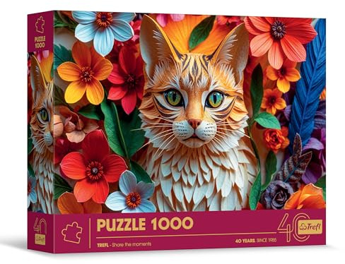 Trefl - Puzzle Effetto 3D, Gatto - 1000 Pezzi - 40° Anniversario Trefl, Arte Paper Art, Puzzle Premium per Adulti e Ragazzi dai 14 anni