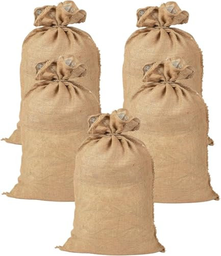 Sac Toile Jute Premium, 5 Sacs Toile de Jute Grand Format - Sac à gravats Chantier – Pomme de Terre – Noel réutilisable (60x105 cm)