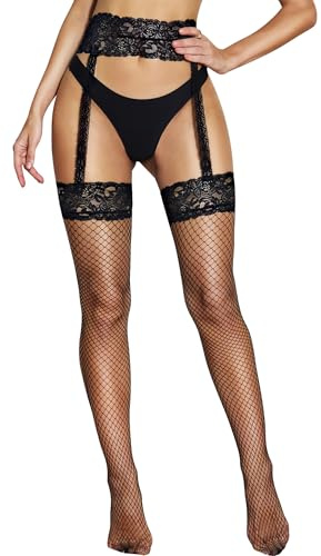 RSLOVE Calze a rete autoreggenti da donna sexy - Calze con reggicalze in nylon con fascia in pizzo e silicone antiscivolo, Nero , Taglia unica