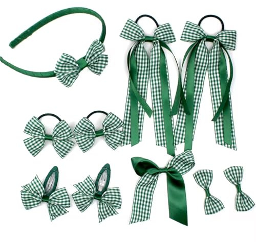 Back to School Hair Bows/Clips/Hairband/Gingham Green & White New 10 Piece Hair Clip/Bow and Hairband Set. Perfect for Starting School. Girls/New/Accessories/Checked Pattern