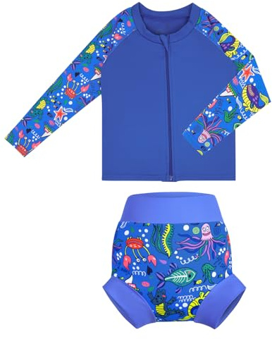 MOEMOE Baby badset, tvådelad baddräkt baby pojkar flickor, UV-skydd racervakt-set, badkläder med långärmad simskjorta och simblöjor, blå, 3 År