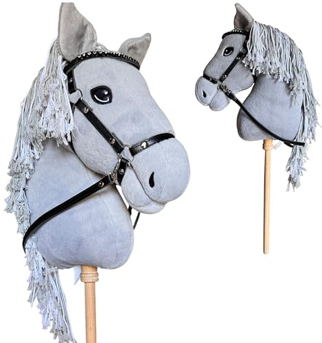 Playful Minds Large Hobby Horse for Kids and Adults – Show Quality with Rhinestone Studded Bridle, Removable Reins, and Long Mane – Plush Handmade Tournament Stick Horse, Grey