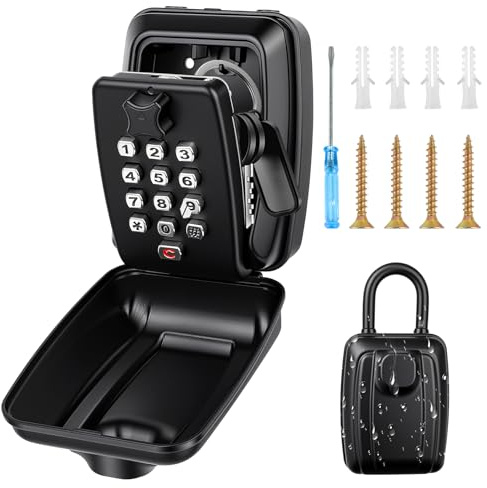 PUGTOW Coffre à Clés Extérieur avec Serrure à Code Mécanique 4 Chiffres - Boîte à Clés Sécurisée Étanche pour Mur, Résistante aux Intempéries pour Clés, Badges et Objets de Valeur, Noir