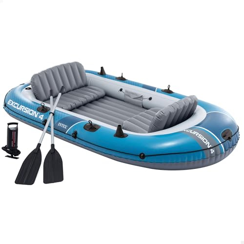 Intex Barca hinchable, Modelo Excursion 4, Mide 315x165x43 cm, Máx. 500 kg, Para 4 personas, Incluye remos y asientos, Bomba de inflado, Parche reparación, 3 cámaras de aire, Pesca o recreo (66324)