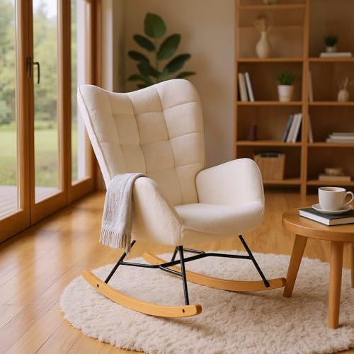 MEUBLE Cosy Sillón Relax, Mecedora Cómoda, Silla Balancín de Tela de Bucle con Patas de Madera y Metal para Salón