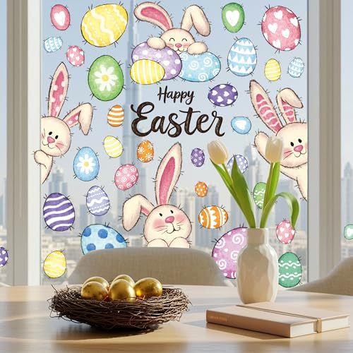 37 PCS Easter Decor, 4 Sheets Easter Window Clings, 9.84 x 13.78 Inch Spring Decorations with Bunnies Eggs Designs, Double-Sided Bunny Stickers for Window Glass Home Office Spring Party Decor