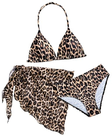 SEAUR Flicka bikiniset leopardmönster blommor trekantig bikini 3-delad baddräkt med kjol badmode baddräkt för barn 8–12 år