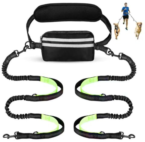 Laisse Canicross Chien, Laisse Main Libre pour Chiens, Sac Banane Détachable, Poignées Doubles renforcées, Réfléchissant, Élastique 148-190cm, pour Course à Pied Marche Jogging (pour 2 Chiens)