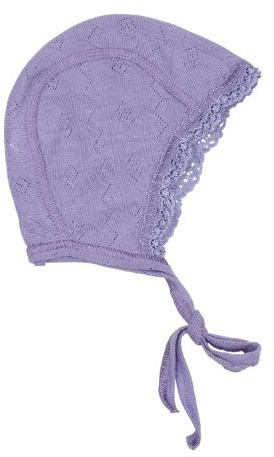 Joha - Wolle/Seide Mütze mit Lochmuster, Spitzen am Rand und Bindegurten. Lila, Unisex, Winter, Böhmisch, Einheitsgröße, Large, Erwachsene, Mütze