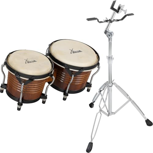 XDrum Bongos Pro Tobacco - 2 tambours de 6,5 (17 cm) et 7,5 (20 cm) de diamètre - Bongos avec peaux naturelles accordables, clé d’accord et support - Tambours en bois marron