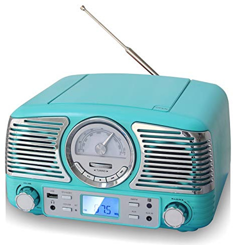 TechPlay QT62BT Turqouise , Retro design compact stereo CD, with AM/FM rotary knob, Wireless Bluetooth reception and USB port. With AUX in and headphone jack