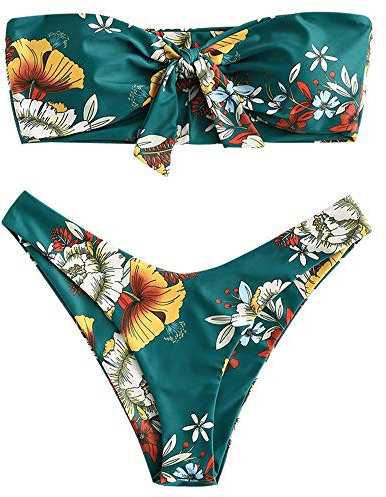 ZAFUL Damen Bandeau Schulterfrei Bikini Set Sexy Strandkleidung mit Blumenmuster Knote (Grün, S)