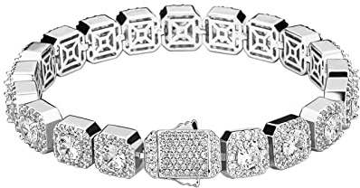 JINAO 10MM Silver Tennis Bracelet for Men Women 18k Gold-Plated Brass Iced Out Cubic Zirconia Square Halo Cluster Wrist Chain Jumbo Bracelet (Silver, 8.0)