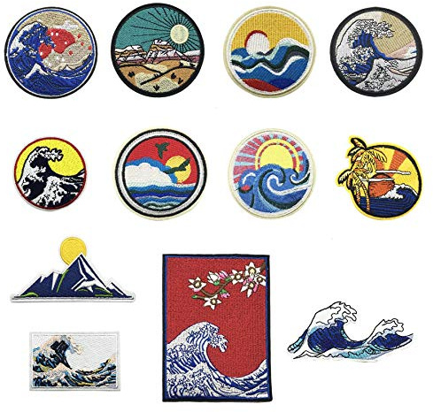 Woohome 12 PCS Patch Embroidered Wave Sunset Iron On Applique Patch for Jeans, Clothing