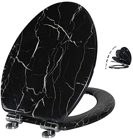 Angel Shield Marble Toilet Seat Durable Molded Wood with Quiet Close,Easy Clean,Quick-Release Hinges (Elongated,Black Marble)