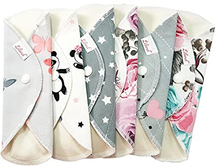 Lilind® 6-pack 7 tum vardagliga strumpbyxor, organiska tygdynor, återanvändbara menstruella sanitära servetter, 100 % bomull, slumpmässiga blommor