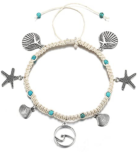 Yienate Boho Rope Anklet Bracelet Starfish and Wave Shell Pendant Turquoise Ankle Chain Foot Chain Handmade Beach Anklet Jewelry for Women and Girls