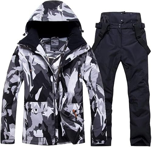 HOTIAN Herren Schneeanzug Herren Ski Jacke und Hosen Set Winter Warme Schnee Skifahren Sätzefür Wandern Klettern Isoliertes Snowboarden black+black XL