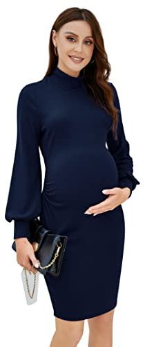 KOJOOIN Premaman Donna Abito Gravidanza Abito Premaman a Maniche Lunghe Donna Abito Premaman a Collo Alto Blu Scuro M