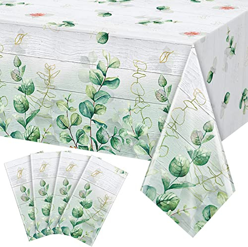 4 Pack Sage Green Eucalyptus Leaf Tablecloth Decorations, Plastic Spring Wood Sage Green Tablecloth Party Decorations, Green Disposable Table Cover for Easter Baby Shower Birthday Party, 54x108 Inch