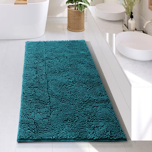 Hearth & Harbor Bathroom Rugs, Chenille Bath Mat - Machine Washable Bath Mats for Bathroom Non-Slip Backing Rubber, Quick Dry Bathroom Mat, Large Teal