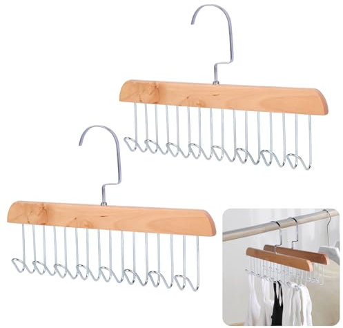 ICEBLUEOR 2 Pack Tie and Belt Hanger for Wardrobe - Anti-Slip Wooden Organiser With 8 Metal Hooks, 360° Rotating Space Saving Rack for Ties, Belts, Bras