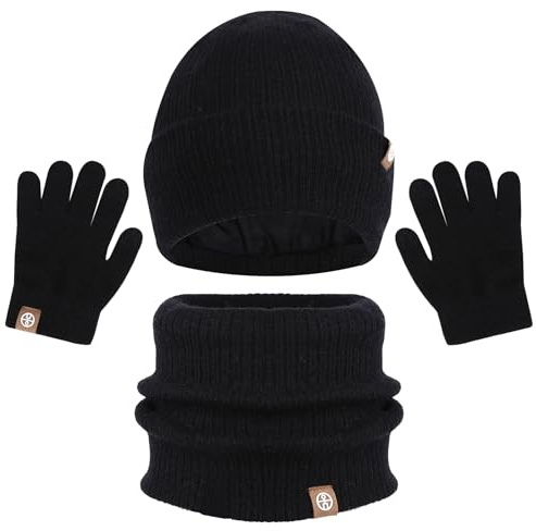 Fadcaer Winter Kids Hat Scarf Glove Set 3 in 1 Girl Boy Knitted Thermal Thicken Fluffy Winter Accessories Sets with Double Layer Fleece Lining Touchscreen Gloves Set for Children Outdoor (black)