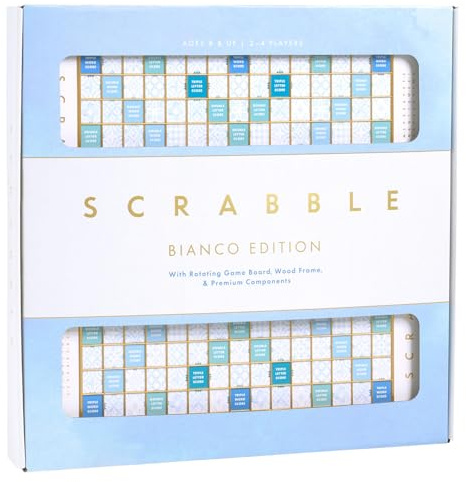 WS Game Company Scrabble Bianco Edition with Rotating Wooden Board, Raised Tile Grid, Word Games for 2-4 Players (Ages 8+)