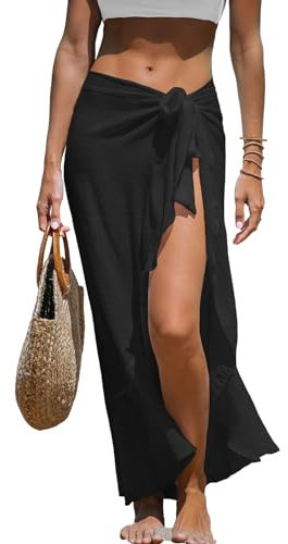 CUPSHE Damen Sarong Pareo High Waist Schnürung Rüschensaum Lang Strandtuch Sommer Bikini Cover Up Strandrock Schwarz OneSize