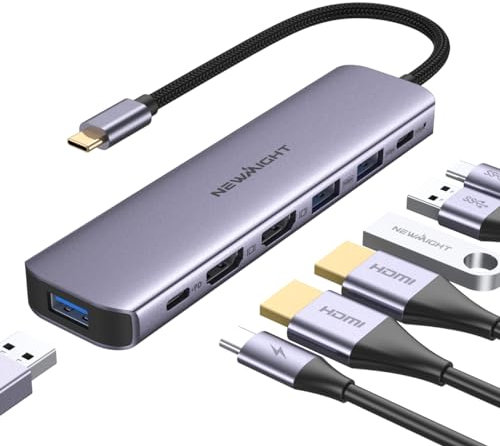Adapter USB C auf Dual Hdmi, Newmight 7 in 1 USB C Docking Station Dual Monitor mit 2 HDMI, 3 USB3.0, 100 W PD, USB C 3.0 Ports, kompatibel mit Dell, HP, iPhone 15 Serie