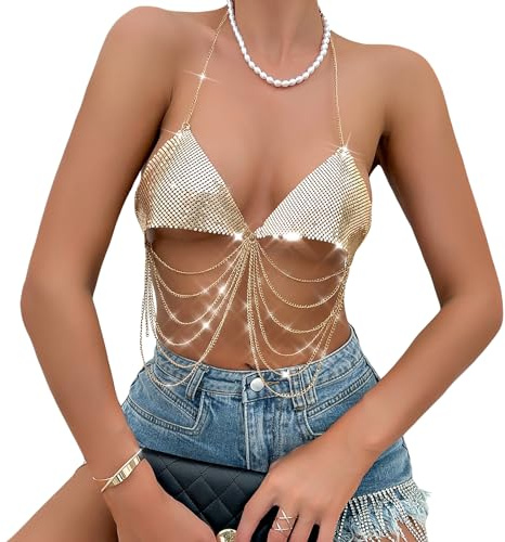 JIAHG Débardeur à Paillettes Dos Nu col V Femmes Sexy Soutien-Gorge à Franges d'étoiles Haut de Danse à Sequin Jazz Latine Danse du Ventre Top à Paillettes Club Bar Plage Crop Top Clubwear Dancewear