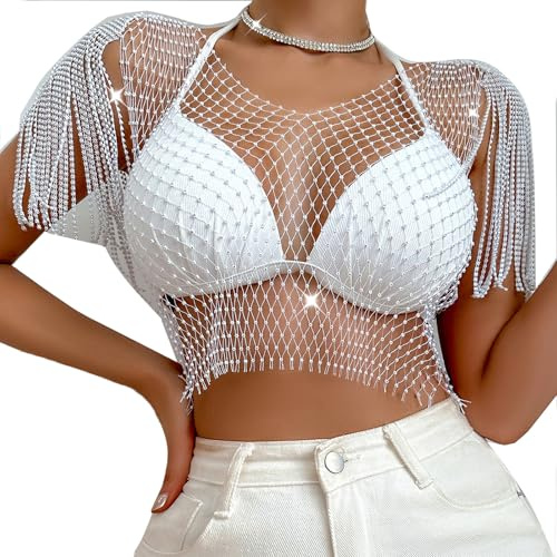 Women’s Rhinestones Crop Tank Top Crystal Sleeveless Fringe Shawl Wrap See-through Bikini Cover Up Mesh Body Chain, White, S