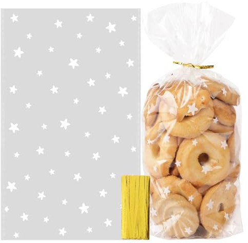 100 Stück Geschenktüten mit Kabelbinder Transparent Bodenbeutel 14,5x24x6cm Plätzchen Beutel Süßigkeiten Tüten Candybar Bags Partytüten Zellophantüten Geschenke für Weihnachten Party (weiße Sterne)