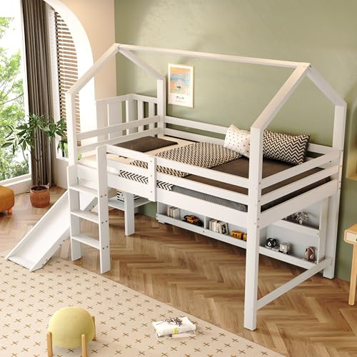 Sapgaks Lit superposé pour enfants, 90 x 200, lit cabane pour enfants avec buanderie, lit mezzanine 2 places, escalier, lit enfant avec barrière, lit mezzanine escalier, lit superposé avec