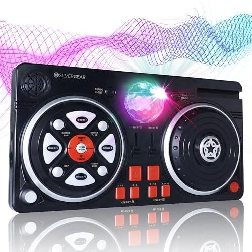 Silvergear® Mesa de Mezclas DJ para Niños | Mesa DJ Principiante con Bola de Discoteca | 46 Efectos de Sonido | DJ Bluetooth | Portátil y a Pilas | 39.3 x20.5x6.4 cm | Negro
